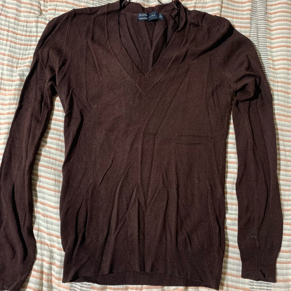 Zara chocolate brown V neck sweater